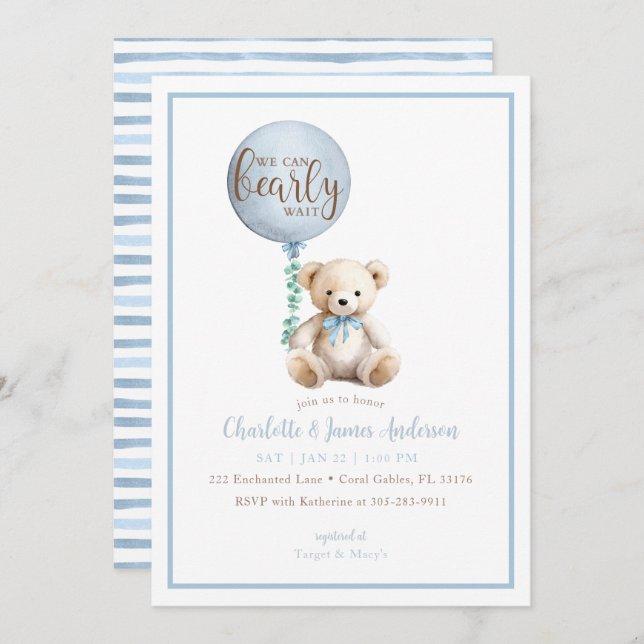 Bearly Wait Blue Teddy Bear Baby shower Invitation (Devant / Derrière)