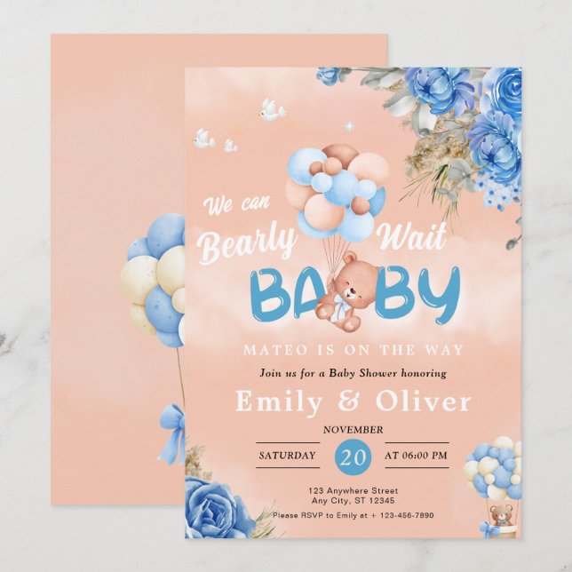 Bearly Wait Blue Teddy Bear Baby shower Invitation (Devant / Derrière)