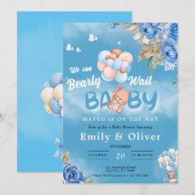 Bearly Wait Blue Teddy Bear Baby Shower Invitation