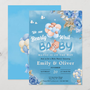 Bearly Wait Blue Teddy Bear Baby Shower Invitation