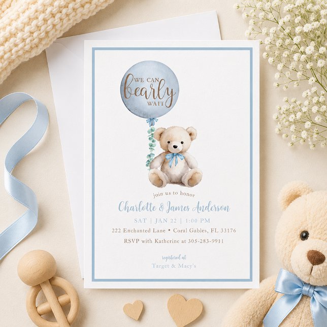 Bearly Wait Blue Teddy Bear Baby Shower Invite (Blue Baby shower invite with soft details)