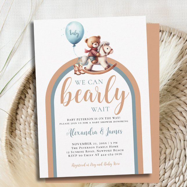 Bearly Wait Boho Arch Bear Rocking Baby Boy Shower Invitation (we can bearly wait baby boy shower invitation retro boho arch rocking chair balloon brown blue)