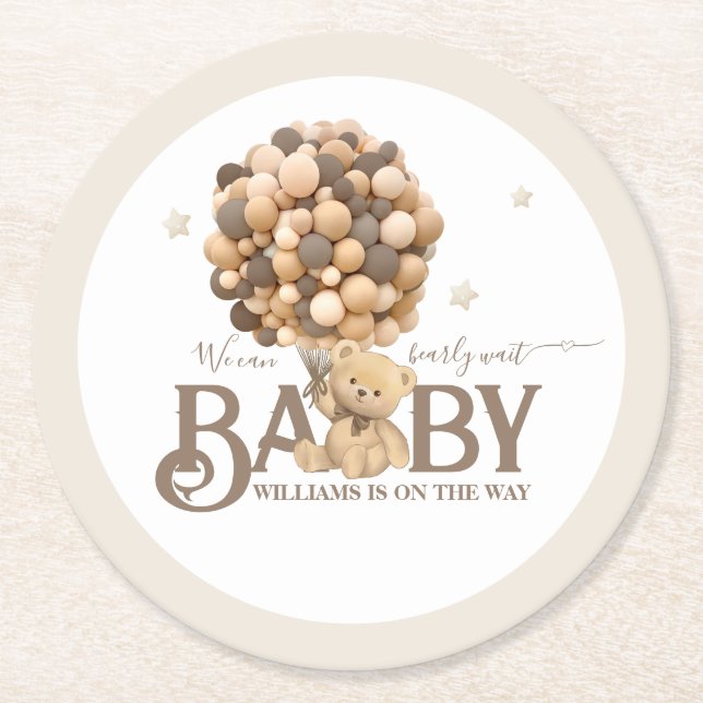 Bearly Wait Boho Balloon Neutral Baby Shower Round Paper Coaster (Front)