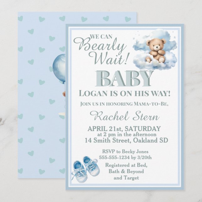 Bearly Wait- Boy Teddy Bear On A Cloud Baby Shower Invitation (Front/Back)