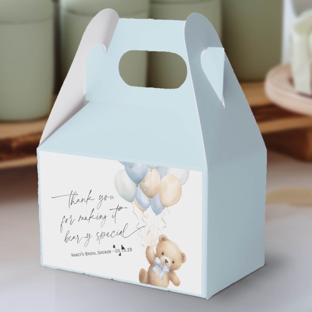Bearly Wait Cute Teddy Bear and Blue Balloons Favor Box (We Can Bearly Wait, Blue Baby Boy Shower Favor Box.)