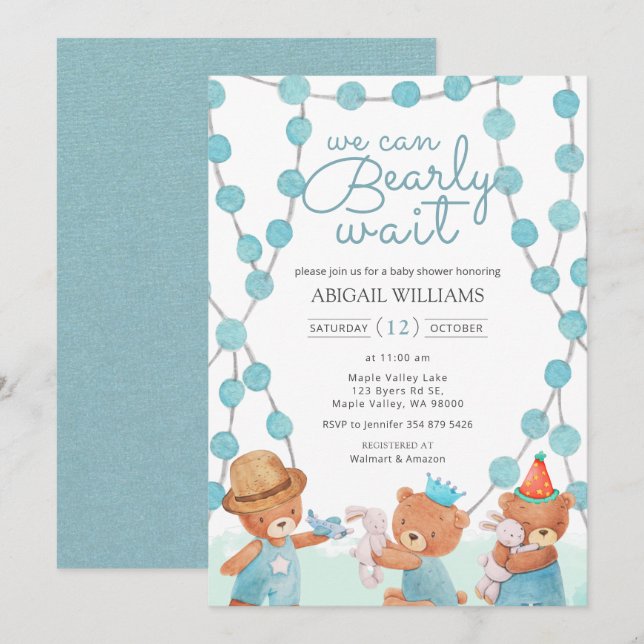 Bearly Wait Cute Watercolor Teddy Bear Baby Shower Invitation (Front/Back)