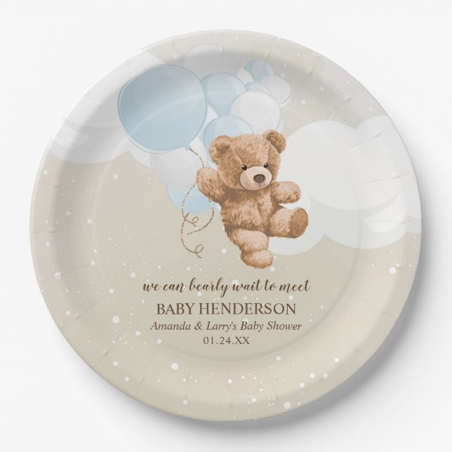 Bearly Wait Dusty Blue Teddy Bear Napkins Paper Plate (Front)