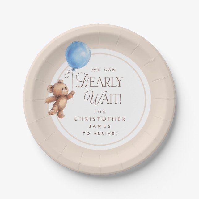 Bearly Wait Elegant Personalized Bear Baby Shower Paper Plate (Front)