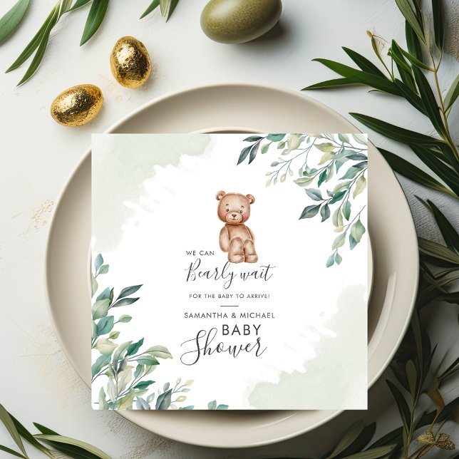 Bearly Wait Eucalyptus Leaves Couples Baby Shower Napkin (Eucalyptus and Bear Baby Shower Paper Napkin)
