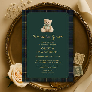 Bearly Wait Green Tartan Plaid Baby Shower Invitation