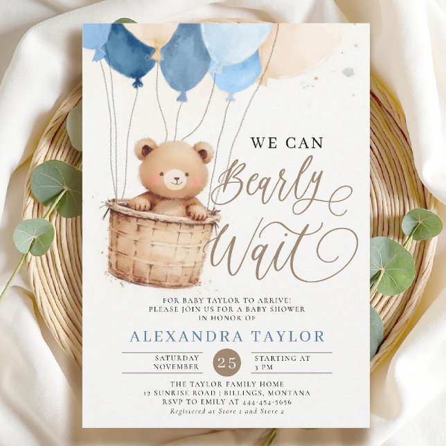 Bearly Wait Hot Air Balloon Bear Baby Boy Shower Invitation (bearly wait baby shower invitation boy blue brown hot air balloons whimsical calligraphy watercolor)