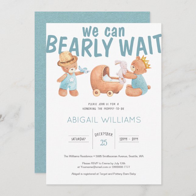 Bearly Wait It's a Boy Teddy Bear Baby Shower Invitation (Front/Back)