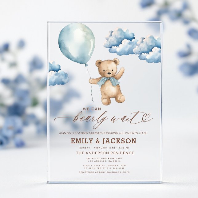 Bearly Wait Neutral Beige & Blue Boy Baby Shower Acrylic Invitations (Creator Uploaded)