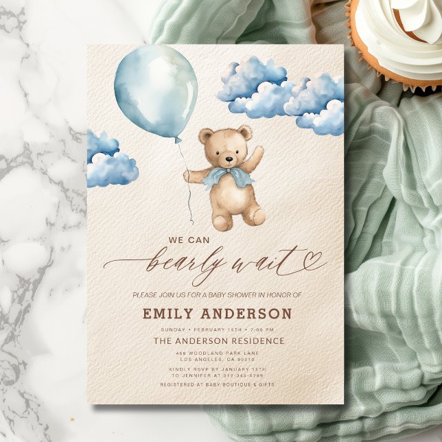 Bearly Wait Neutral Beige & Blue Boy Baby Shower Invitation (Creator Uploaded)