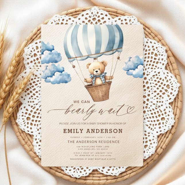 Bearly Wait Neutral Beige & Blue Boy Baby Shower Invitation (Creator Uploaded)