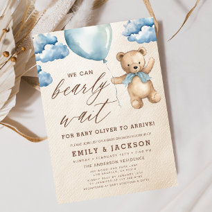 Bearly Wait Neutral Beige & Blue Boy Baby Shower Invitation