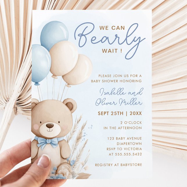 Bearly Wait Neutral Blue and White Baby Shower Invitation (Bearly Wait Neutral Blue and White Baby Shower Invitation)