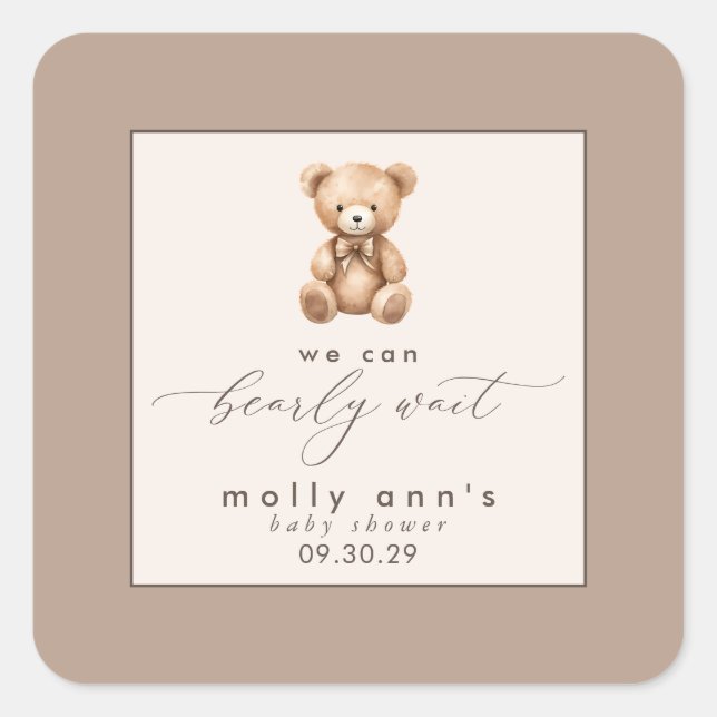 Bearly Wait Neutral Simple Baby Shower  Square Sticker (Front)