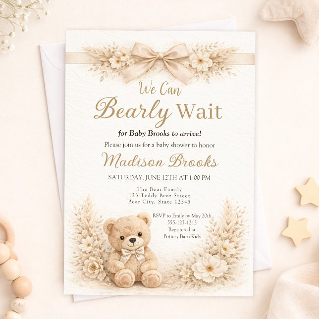 Bearly Wait Neutral Teddy Bear Baby Shower Boho Invitation (Creator Uploaded)