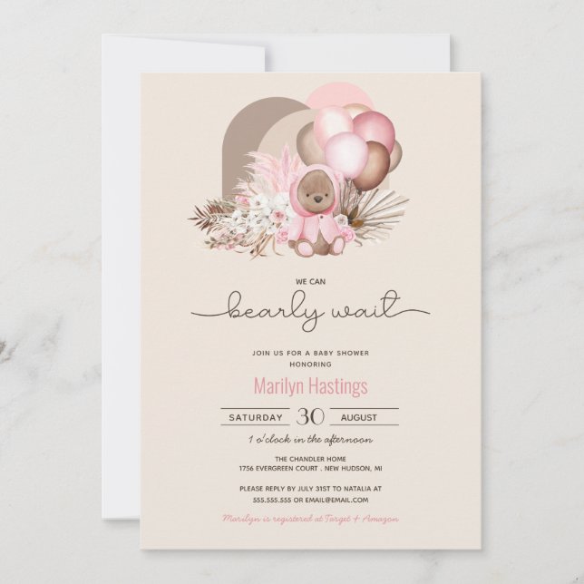 Bearly Wait Pink Boho Teddy Bear Girl Baby Shower Invitation (Front)