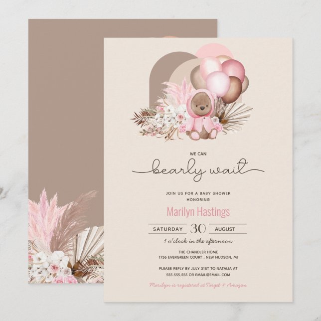 Bearly Wait Pink Boho Teddy Bear Girl Baby Shower  Invitation (Front/Back)