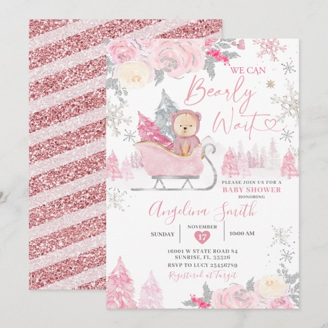 Bearly Wait Pink Snowflake Floral Baby Shower Invitation (Front/Back)