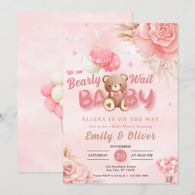 Bearly Wait Pink Teddy Bear Baby Shower Invitation (Front/Back)