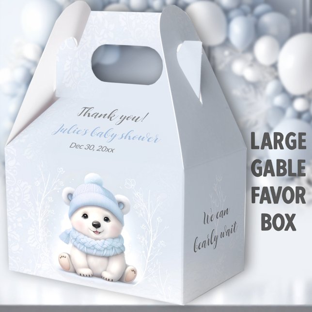 Bearly Wait Polar Bear Blue Baby Shower Large Favor Box (Blue Polar Bear Large Gable Favor Boxes - You can choose from 3 sizes of these gable favor boxes.)