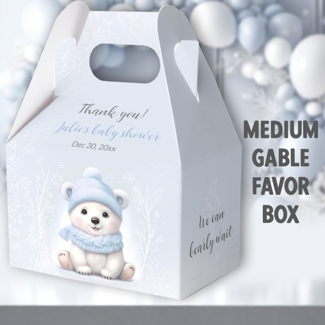 Bearly Wait Polar Bear Blue Baby Shower Medium Favor Box (Blue Polar Bear Medium Gable Favor Boxes - You can choose from 3 sizes of these gable favor boxes.)