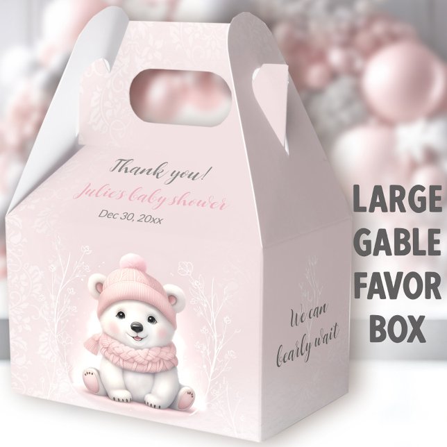 Bearly Wait Polar Bear Pink Baby Shower Large Favor Box (Pink Polar Bear Large Gable Favor Boxes - You can choose from 3 sizes of these gable favor boxes)