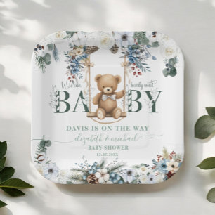 Bearly Wait Sage Greenery Winter Baby Shower Paper Plate