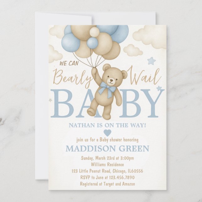 Bearly Wait Teddy Bear Baby shower Invitation (Devant)