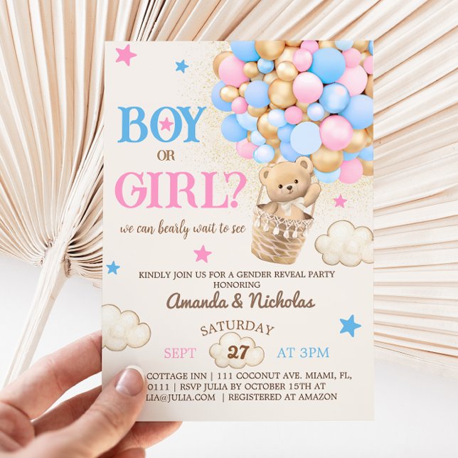 Bearly Wait Teddy Bear Balloons Gender Reveal Invitation (Creator Uploaded)