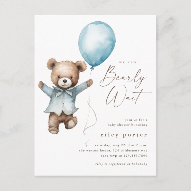 Bearly Wait Teddy Bear Boys Baby shower Invitation (Devant)