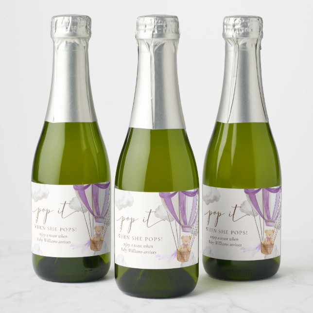 Bearly Wait Teddy Bear Lilac Pop It When She Pops Sparkling Wine Label (Bottles)