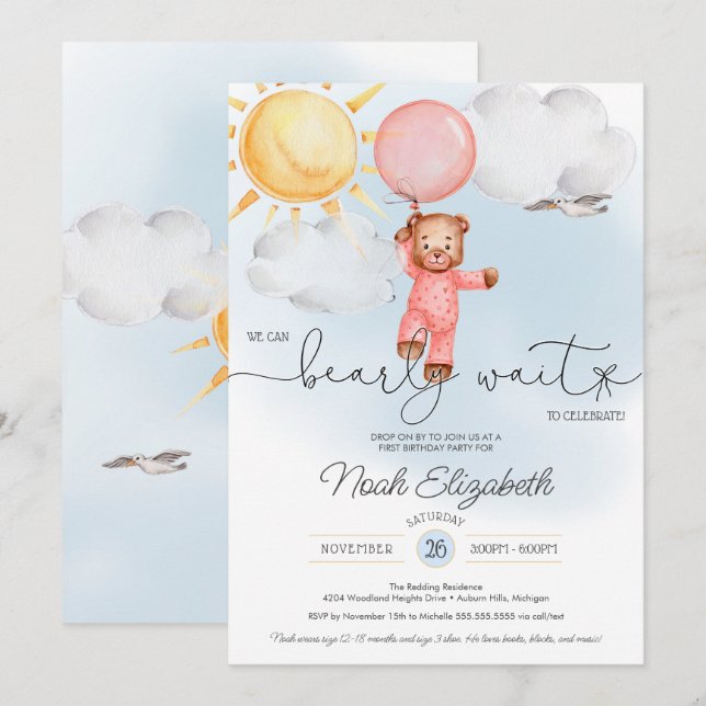 Bearly Wait Teddy Bear Pink Balloon First Birthday Invitation (Front/Back)