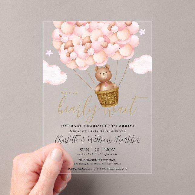 Bearly Wait Teddy Bear Pink Girl Baby Shower Acrylic Invitations (Insitu (Handheld))