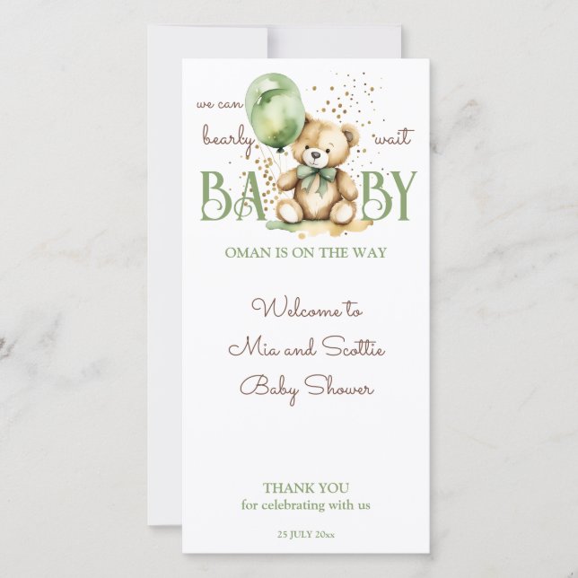 Bearly wait teddy green baby shower place cards (Front)