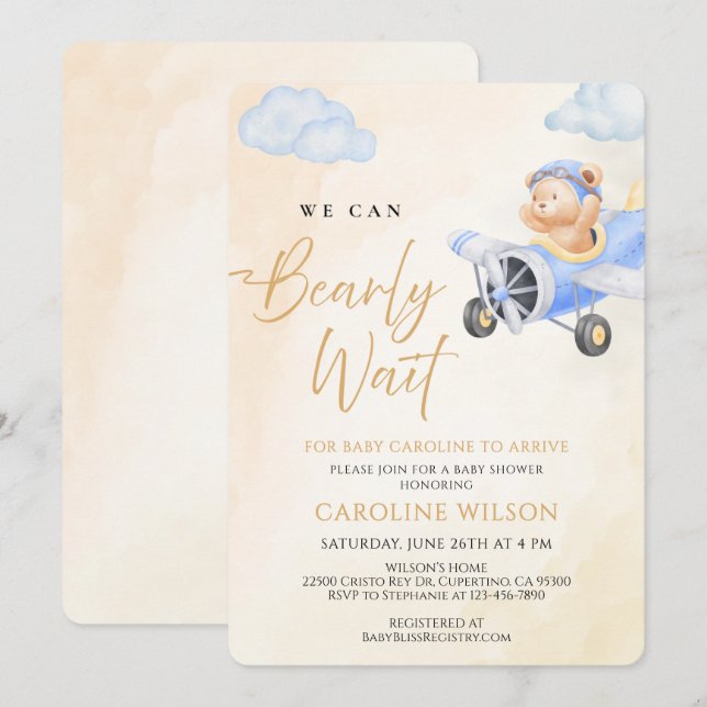 Bearly Wait Watercolor Teddy Bear Flying Baby Show Invitation (Front/Back)