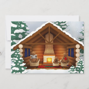 Bears At Home Cozy Log Cabin Personalized Holiday Invitation