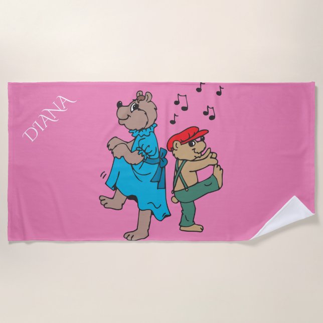 BEARS dancing beach towel for kids. Custom name. (Front)