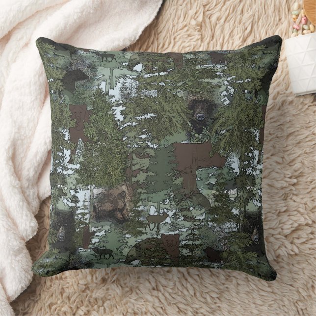 Bears in the Beautiful Woods Throw Pillow (Blanket)