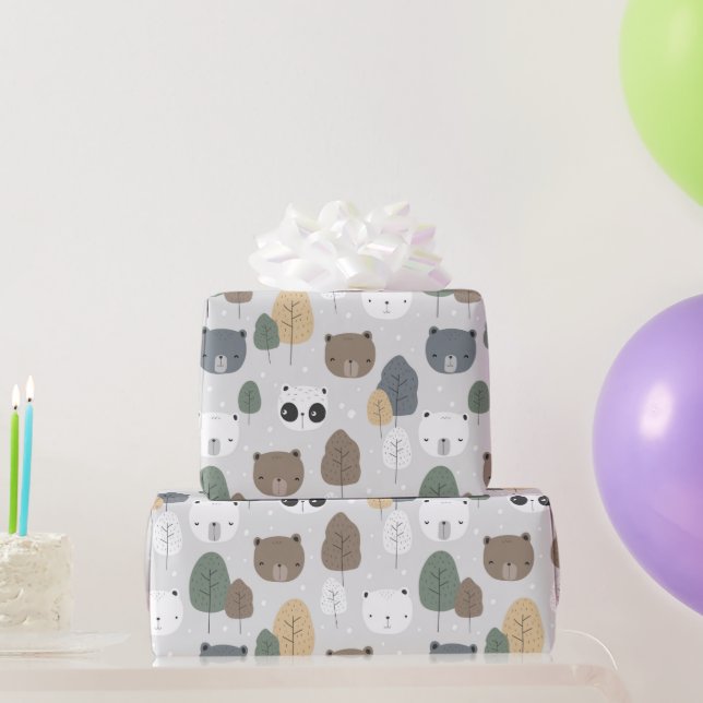 Bears In The Forest Pattern Panda Teddy Polar Bear Wrapping Paper (Party Gifts)