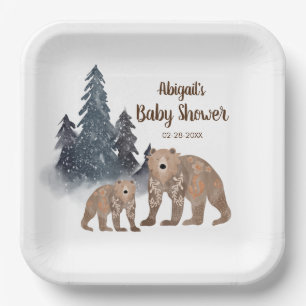 Bears in Winter Forest Scandi Neutral Baby Shower Paper Plate