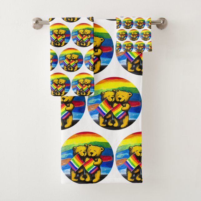 Bears Love Couple LGBT Rainbow Flag Bath Towel Set (Insitu)