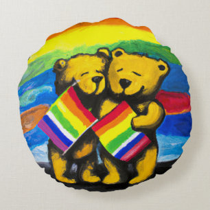 Bears Love Couple LGBT Rainbow Flag Round Pillow
