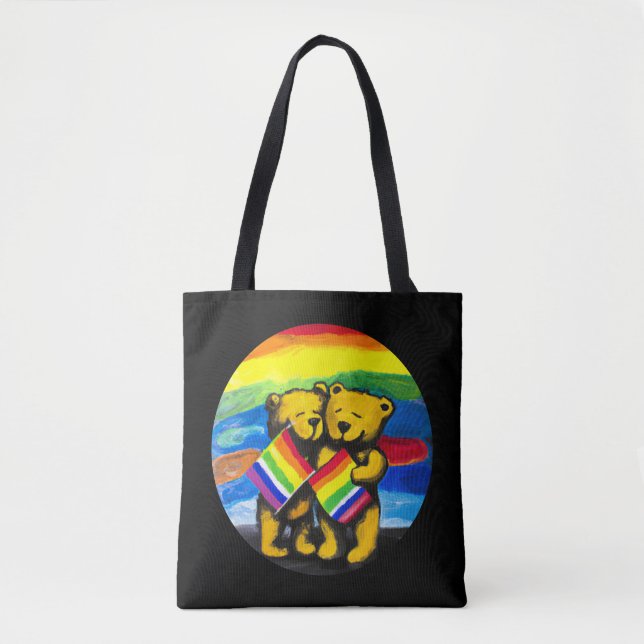 Bears Love Couple LGBT Rainbow Flag Tote Bag (Front)
