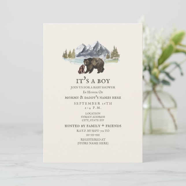 Bears Mountain Watercolor Baby shower Invitation (Debout devant)