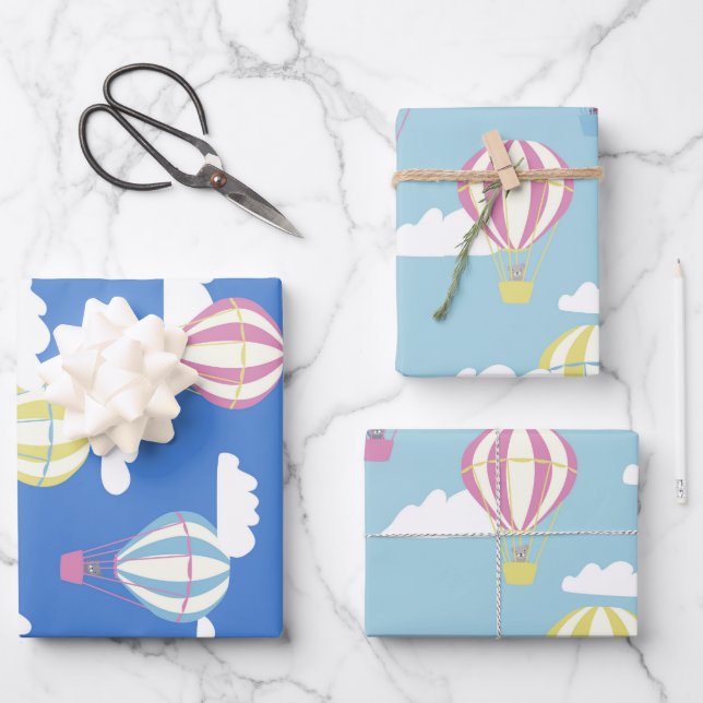 Bears & Rabbit Hot Air Balloon Day Out Wrapping Paper Sheet (Front)