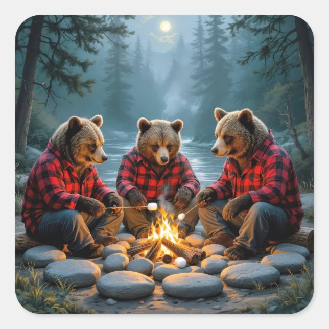 Bears Roasting Marshmallows Over a Campfire Square Sticker (Front)